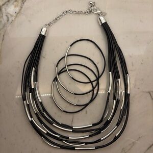 Vintage Chicos “Lennox Short” necklace w/five black straps and silver bar accent